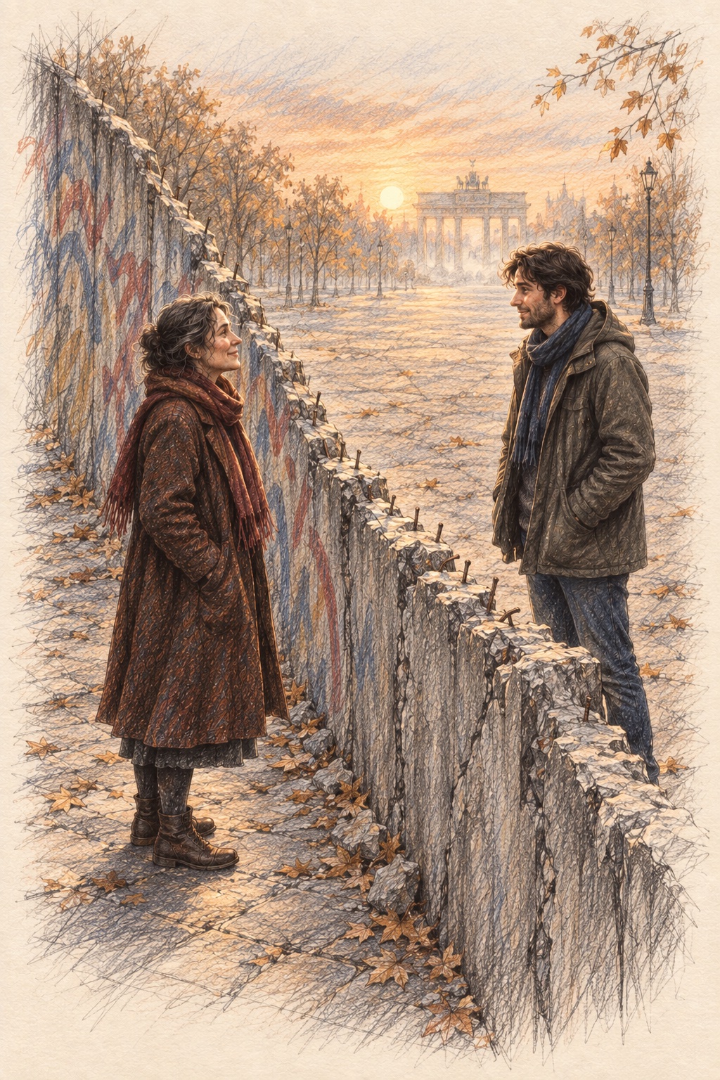 Drawing of a woman and a man talking across a broken-down stretch of the Berlin Wall at sunset