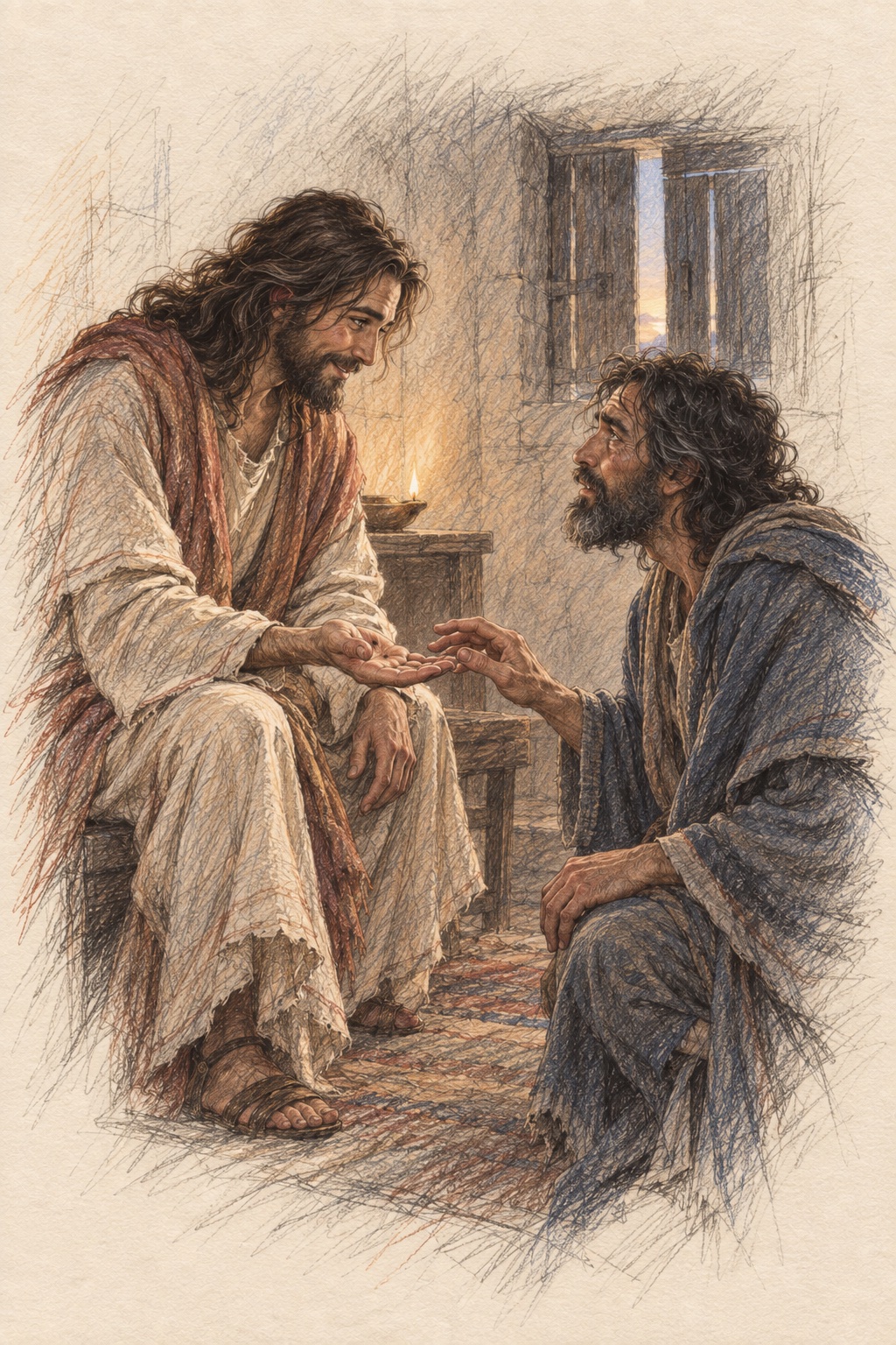 Drawing of Jesus holding out his open hands to a seated man, who reaches to touch them