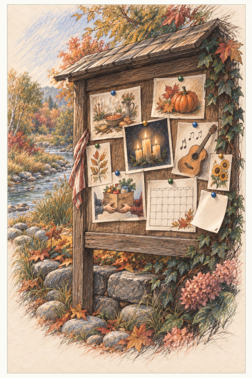 Drawing of a wooden notice board beside a river, pinned with notices for a soup supper, a pumpkin, candlelight, music and a blank calendar